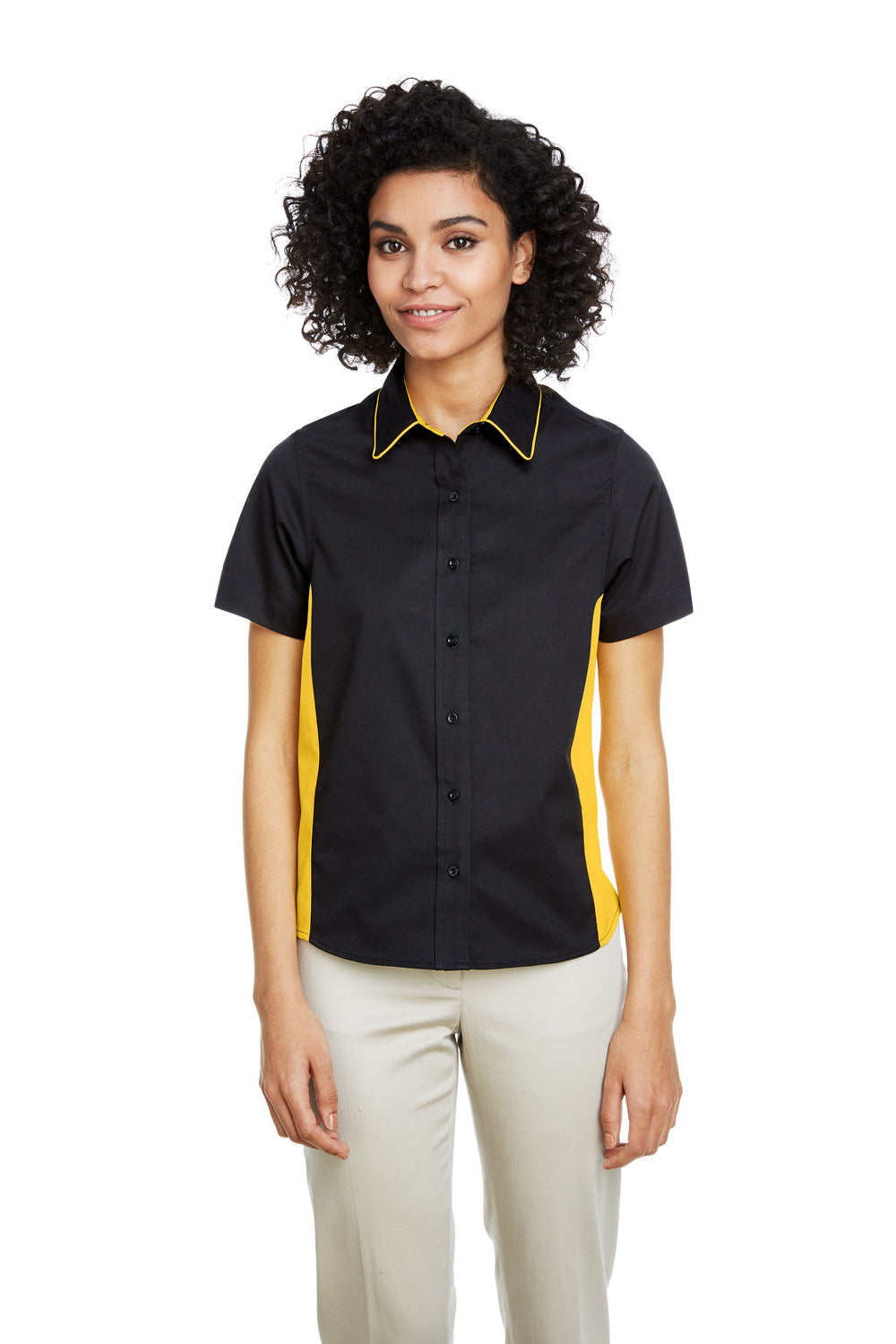 Harriton M586W Womens Flash Colorblock Wrinkle Resistant Short Sleeve Button Down Shirt Black/Sunray Yellow Model Front