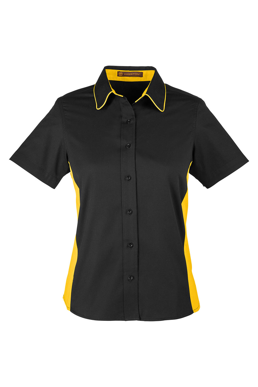 Harriton M586W Womens Flash Colorblock Wrinkle Resistant Short Sleeve Button Down Shirt Black/Sunray Yellow Flat Front