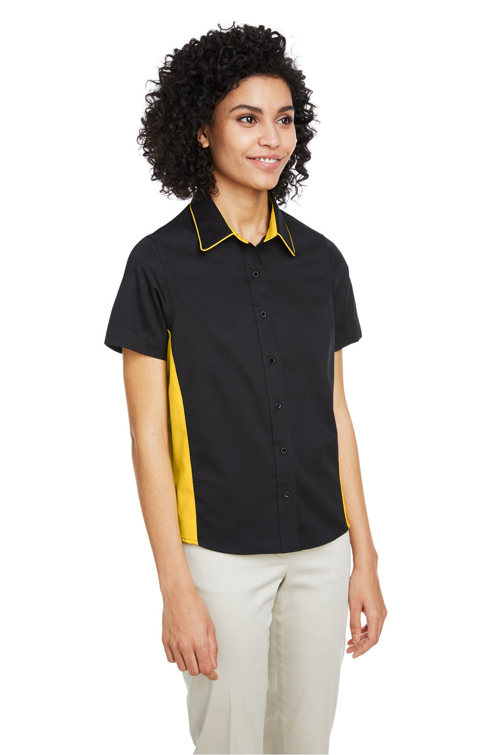 Harriton M586W Womens Flash Colorblock Wrinkle Resistant Short Sleeve Button Down Shirt Black/Sunray Yellow Model 3q