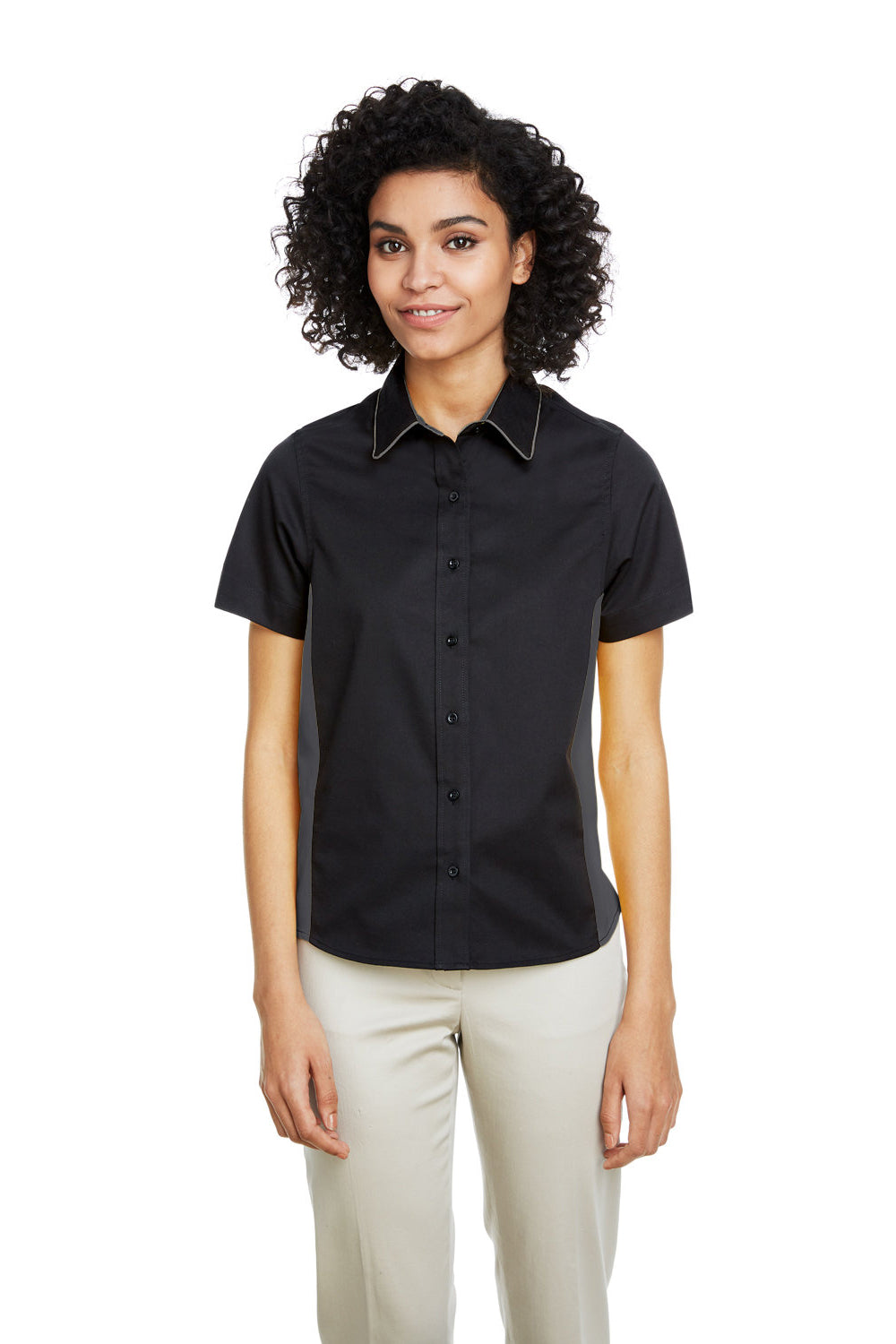 Harriton M586W Womens Flash Colorblock Wrinkle Resistant Short Sleeve Button Down Shirt Black/Dark Charcoal Grey Model Front