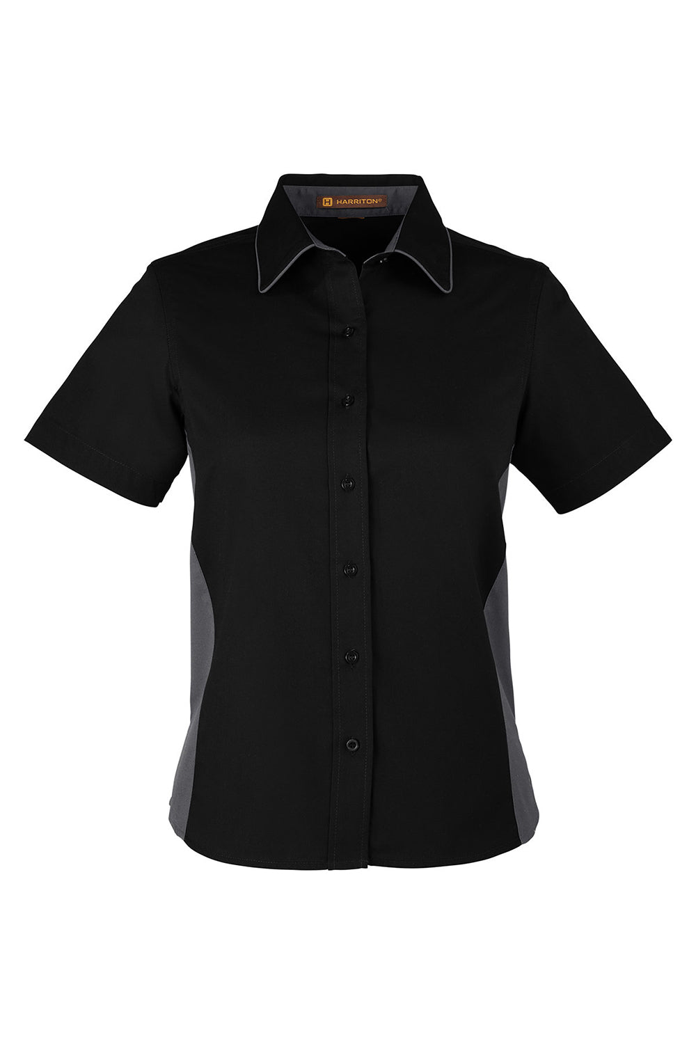 Harriton M586W Womens Flash Colorblock Wrinkle Resistant Short Sleeve Button Down Shirt Black/Dark Charcoal Grey Flat Front