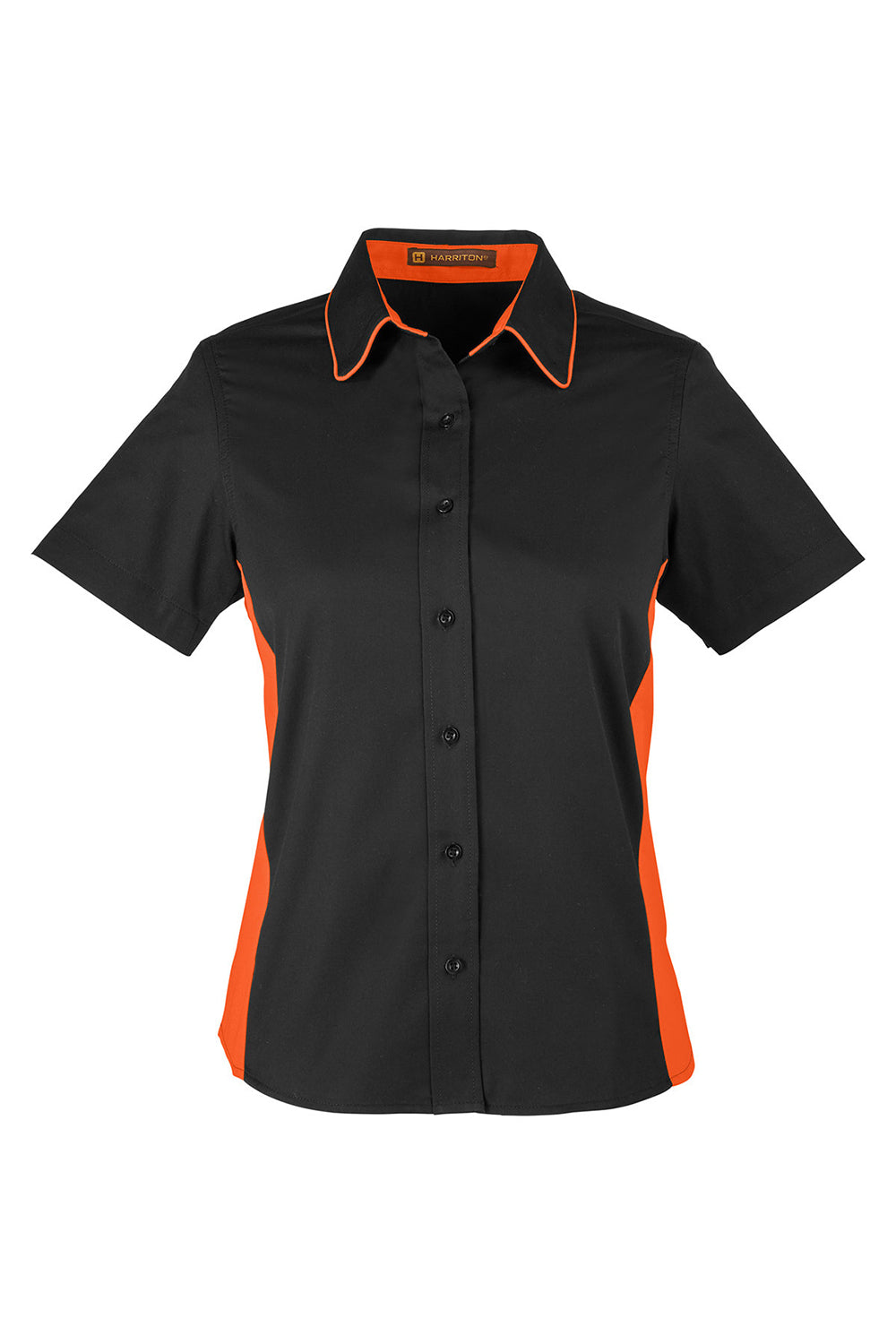 Harriton M586W Womens Flash Colorblock Wrinkle Resistant Short Sleeve Button Down Shirt Black/Team Orange Flat Front