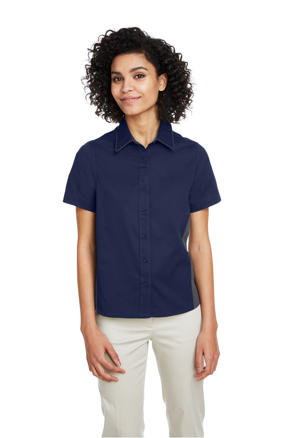 Harriton M586W Womens Flash Colorblock Wrinkle Resistant Short Sleeve Button Down Shirt Dark Navy Blue/Dark Charcoal Grey Model Front