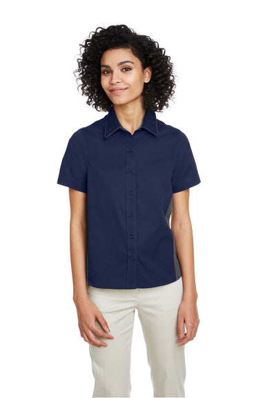 Harriton M586W Womens Flash Colorblock Wrinkle Resistant Short Sleeve Button Down Shirt Dark Navy Blue/Dark Charcoal Grey Model Front