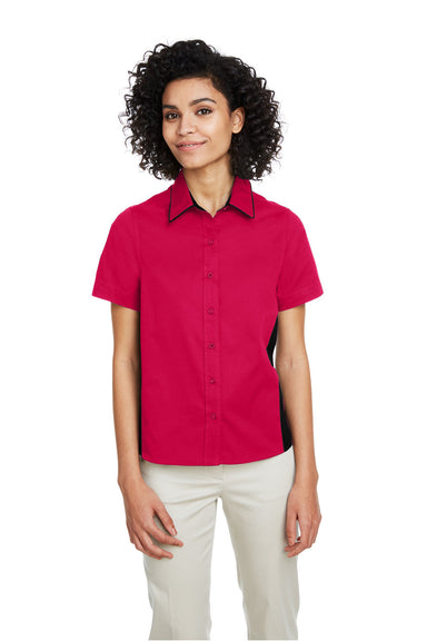 Harriton M586W Womens Flash Colorblock Wrinkle Resistant Short Sleeve Button Down Shirt Red/Black Model Front