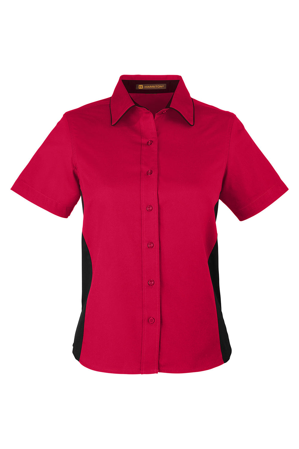 Harriton M586W Womens Flash Colorblock Wrinkle Resistant Short Sleeve Button Down Shirt Red/Black Flat Front