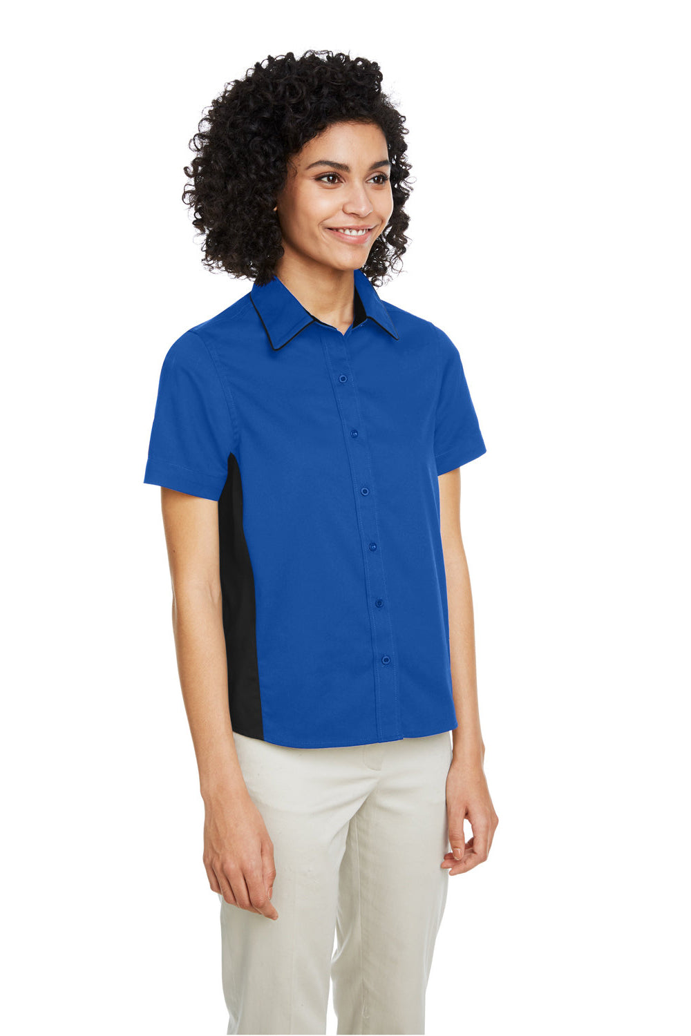 Harriton M586W Womens Flash Colorblock Wrinkle Resistant Short Sleeve Button Down Shirt True Royal Blue/Black Model 3q