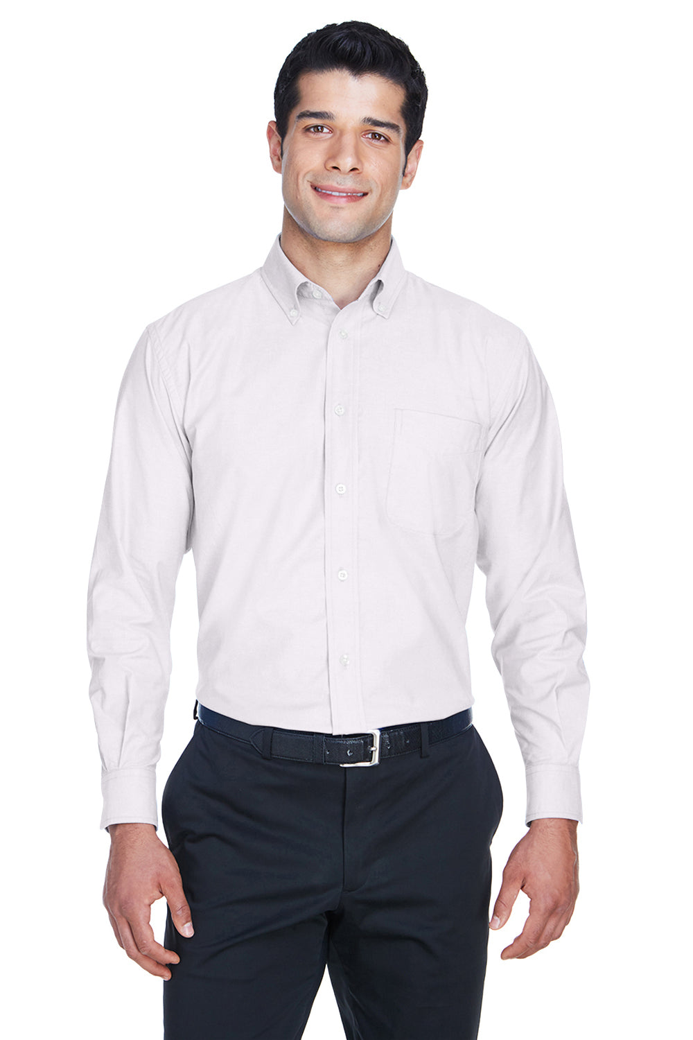 Harriton M600 Mens Oxford Wrinkle Resistant Long Sleeve Button Down Shirt w/ Pocket White Model Front