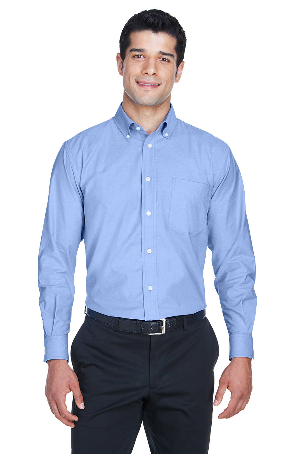 Harriton M600 Mens Oxford Wrinkle Resistant Long Sleeve Button Down Shirt w/ Pocket Light Blue Model Front