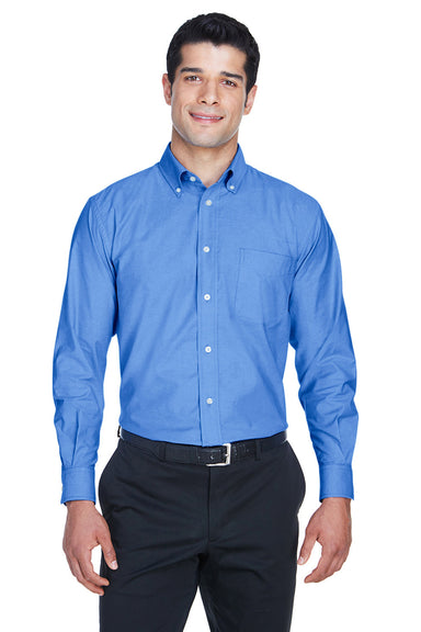 Harriton M600 Mens Oxford Wrinkle Resistant Long Sleeve Button Down Shirt w/ Pocket French Blue Model Front