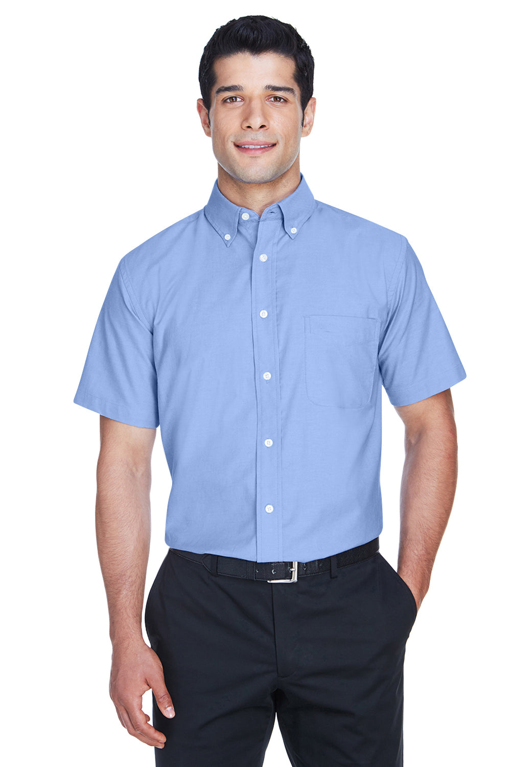 Harriton M600S Mens Oxford Wrinkle Resistant Short Sleeve Button Down Shirt w/ Pocket Light Blue Model Front