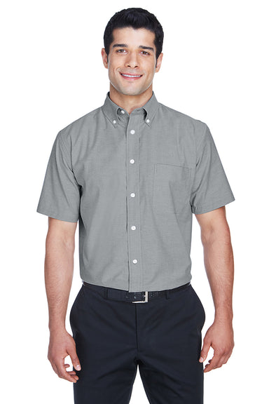 Harriton M600S Mens Oxford Wrinkle Resistant Short Sleeve Button Down Shirt w/ Pocket Oxford Grey Model Front