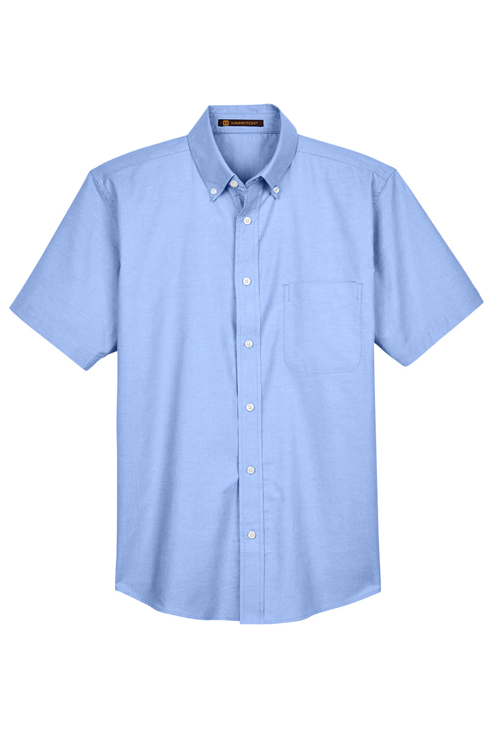 Harriton M600S Mens Oxford Wrinkle Resistant Short Sleeve Button Down Shirt w/ Pocket Light Blue Flat Front