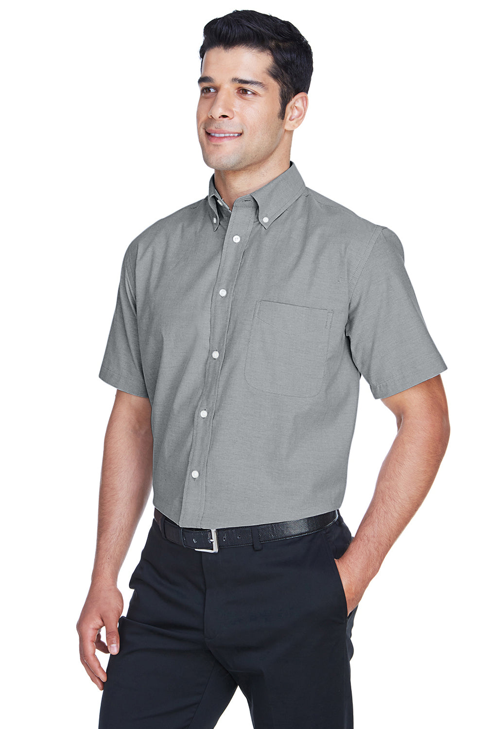 Harriton M600S Mens Oxford Wrinkle Resistant Short Sleeve Button Down Shirt w/ Pocket Oxford Grey Model 3q