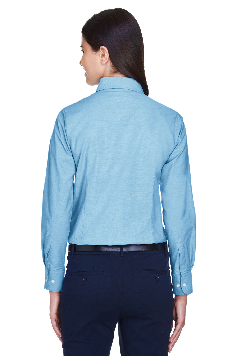 Harriton M600W Womens Oxford Wrinkle Resistant Long Sleeve Button Down Shirt Light Blue Model Back