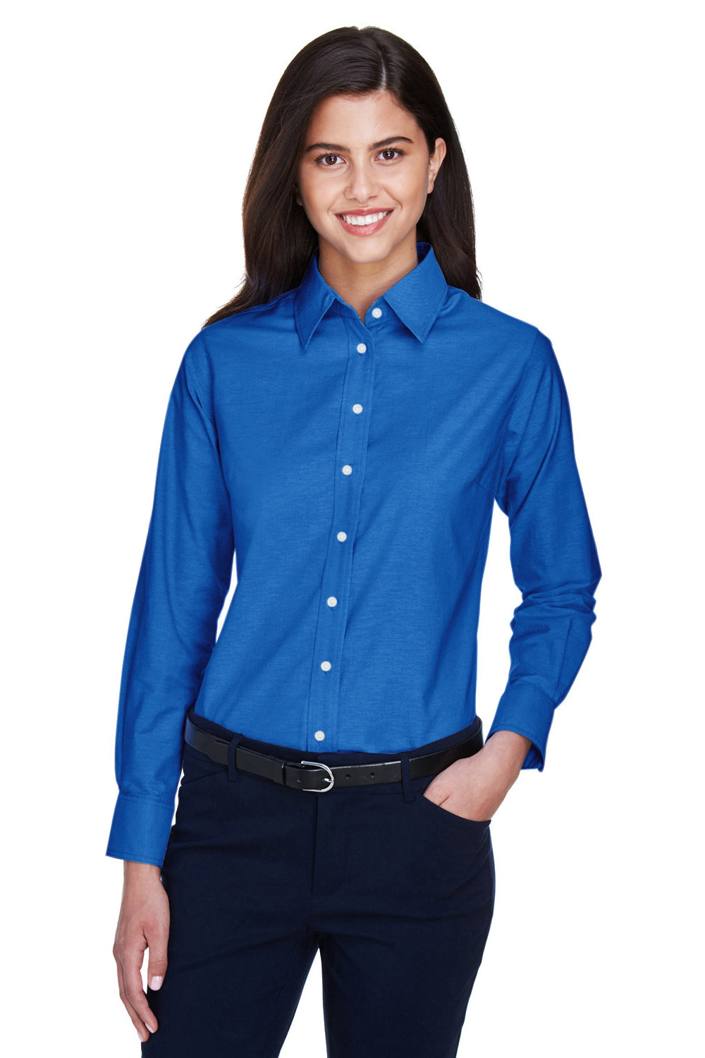 Harriton M600W Womens Oxford Wrinkle Resistant Long Sleeve Button Down Shirt French Blue Model Front