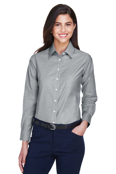 Harriton M600W Womens Oxford Wrinkle Resistant Long Sleeve Button Down Shirt Oxford Grey Model Front