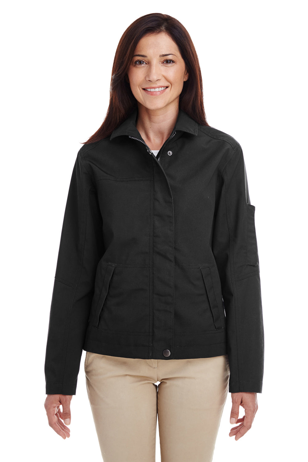 Harriton M705W Womens Auxiliary Water Resistant Canvas Full Zip Jacket Black Model Front