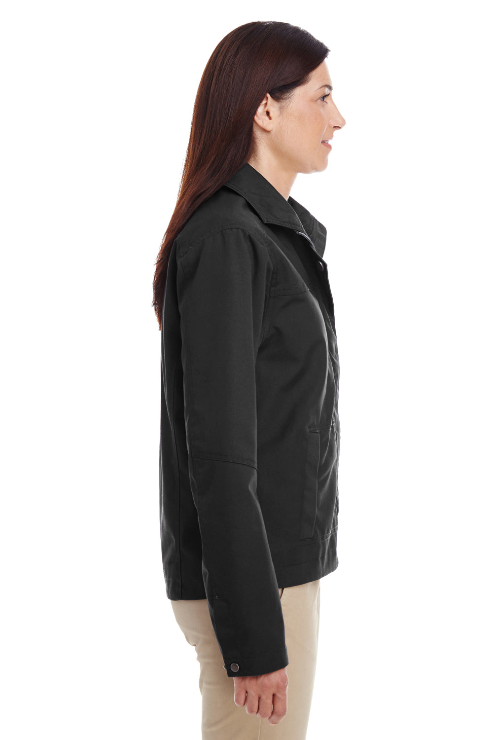 Harriton M705W Womens Auxiliary Water Resistant Canvas Full Zip Jacket Black Model Side