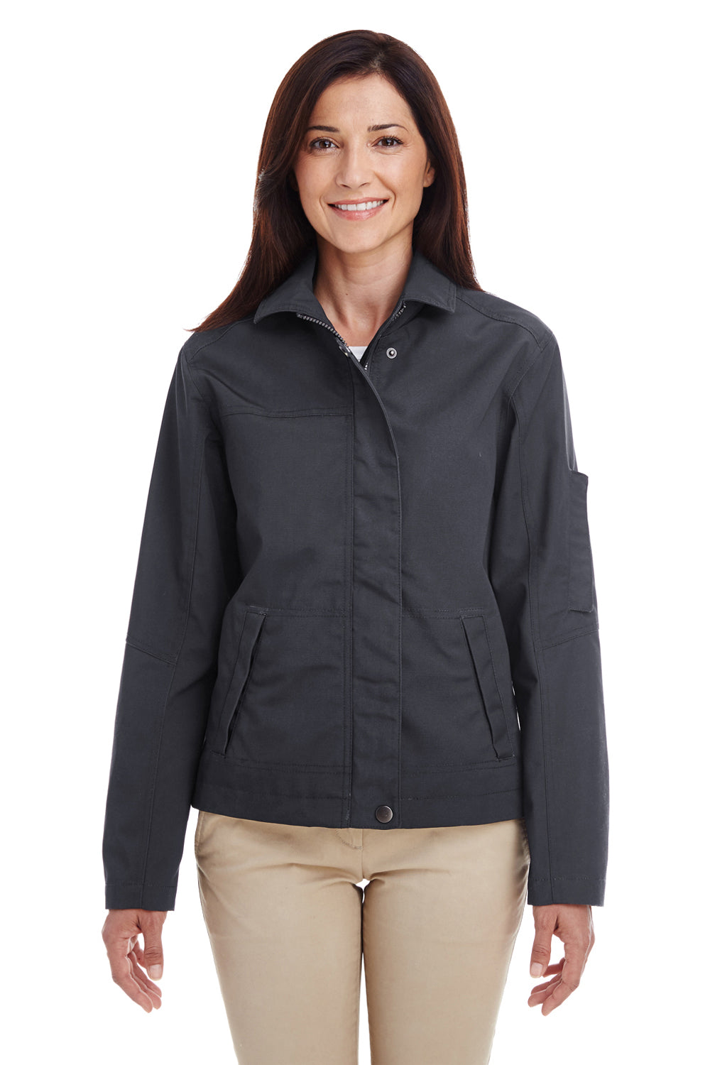 Harriton M705W Womens Auxiliary Water Resistant Canvas Full Zip Jacket Dark Charcoal Grey Model Front