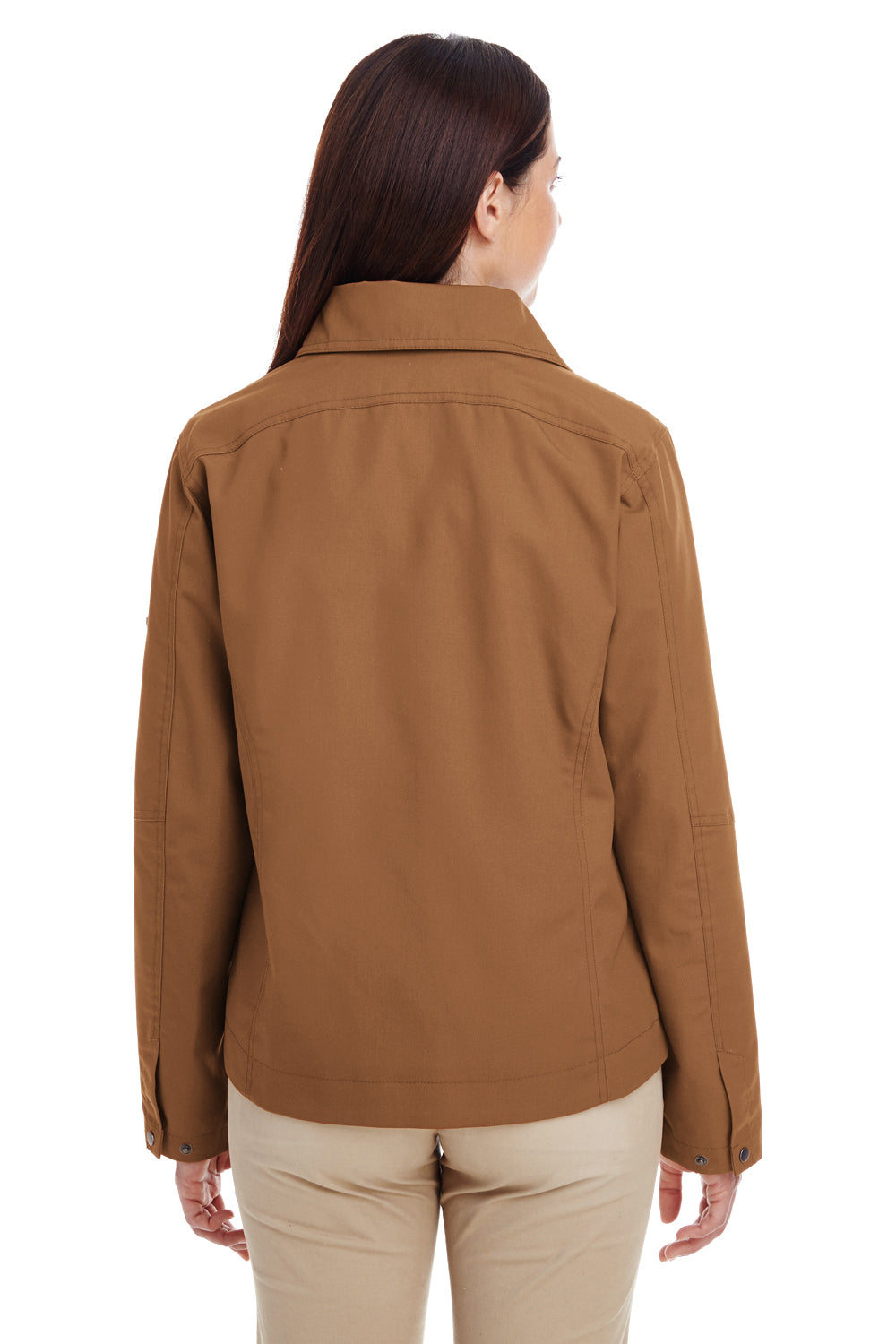 Harriton M705W Womens Auxiliary Water Resistant Canvas Full Zip Jacket Duck Brown Model Back