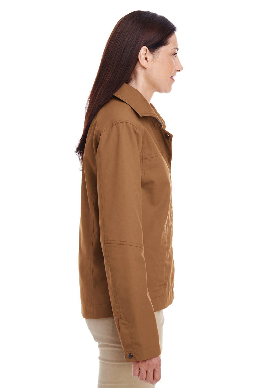 Harriton M705W Womens Auxiliary Water Resistant Canvas Full Zip Jacket Duck Brown Model Side