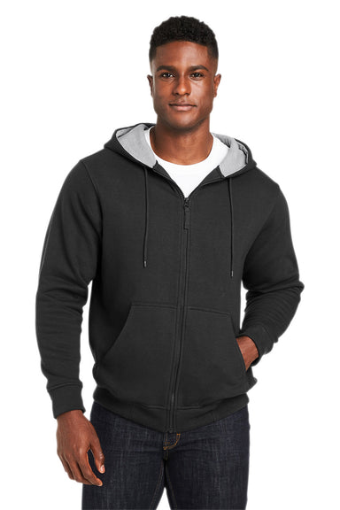 Harriton M711/M711T Mens Climabloc Water Resistant Full Zip Hooded Sweatshirt Hoodie Black Model Front