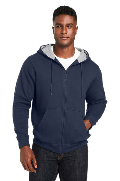 Harriton M711/M711T Mens Climabloc Water Resistant Full Zip Hooded Sweatshirt Hoodie Dark Navy Blue Model Front