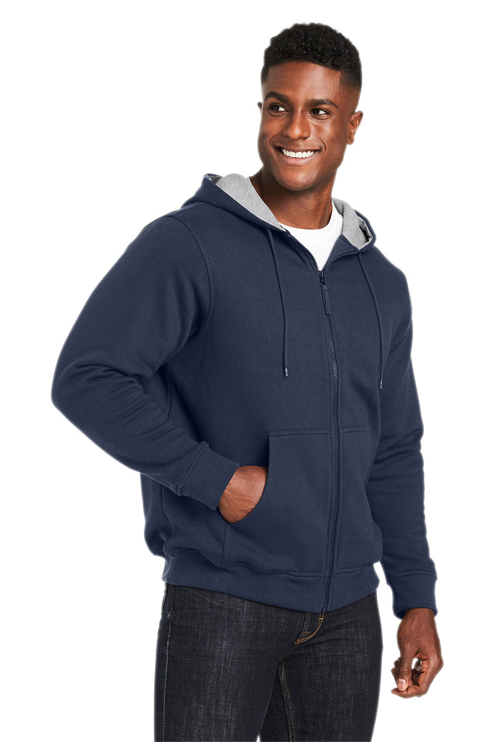 Harriton M711/M711T Mens Climabloc Water Resistant Full Zip Hooded Sweatshirt Hoodie Dark Navy Blue Model 3q