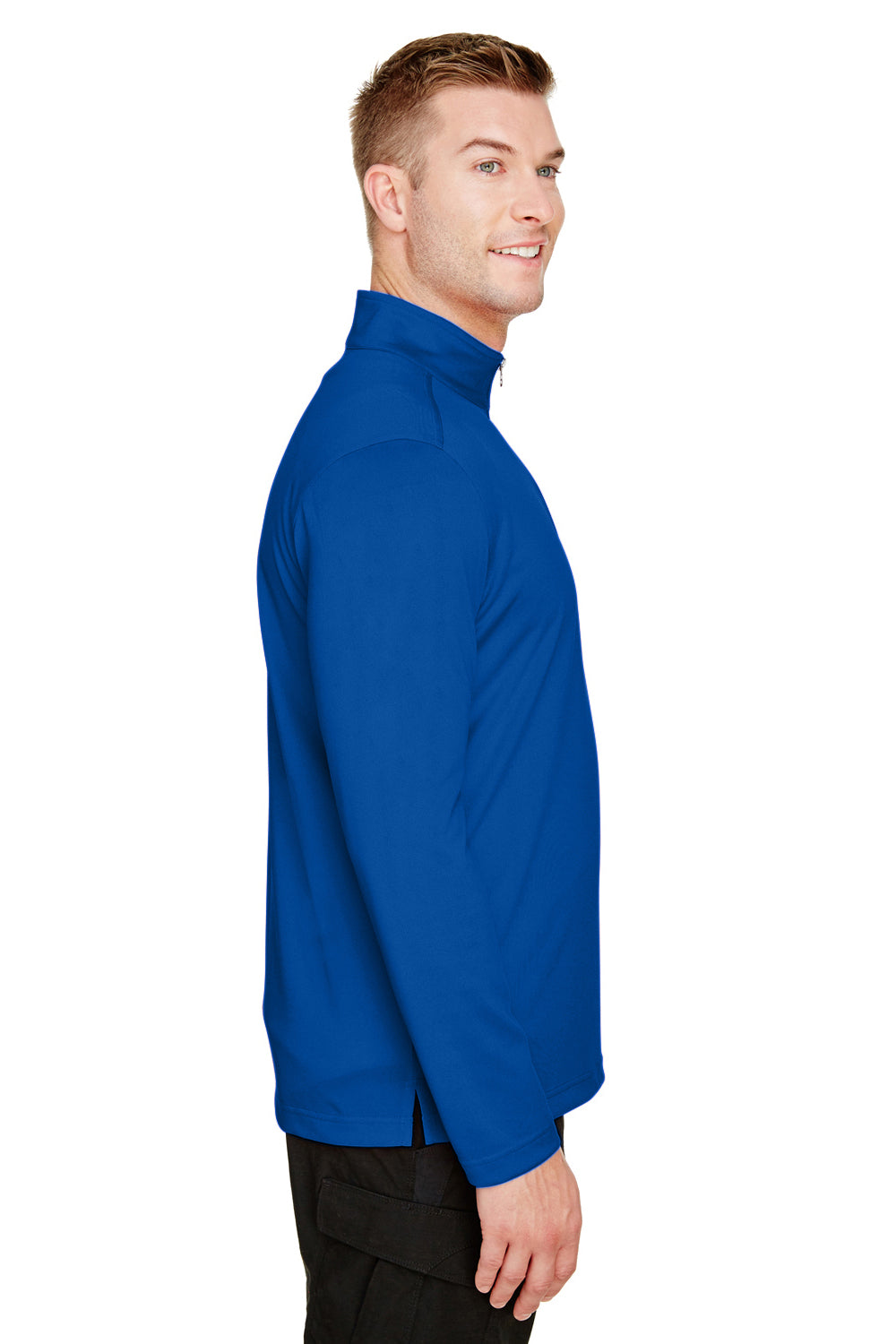 Harriton M748 Mens Advantage Performance Moisture Wicking 1/4 Zip Sweatshirt True Royal Blue Model Side