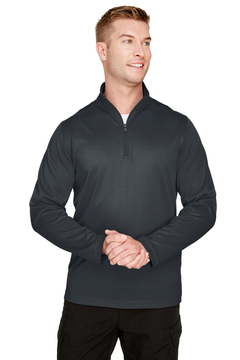 Harriton M748 Mens Advantage Performance Moisture Wicking 1/4 Zip Sweatshirt Dark Charcoal Grey Model Front