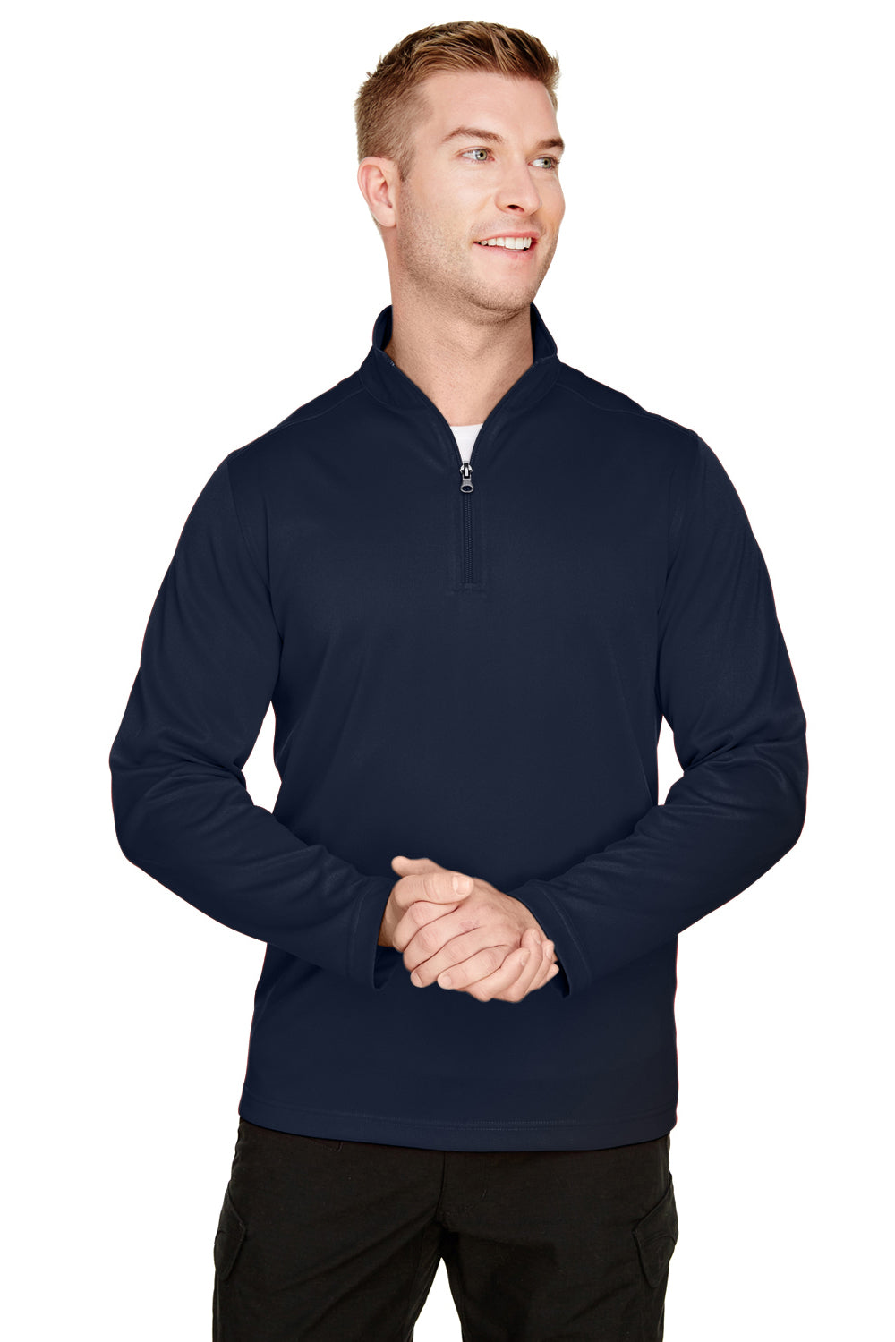 Harriton M748 Mens Advantage Performance Moisture Wicking 1/4 Zip Sweatshirt Dark Navy Blue Model Front