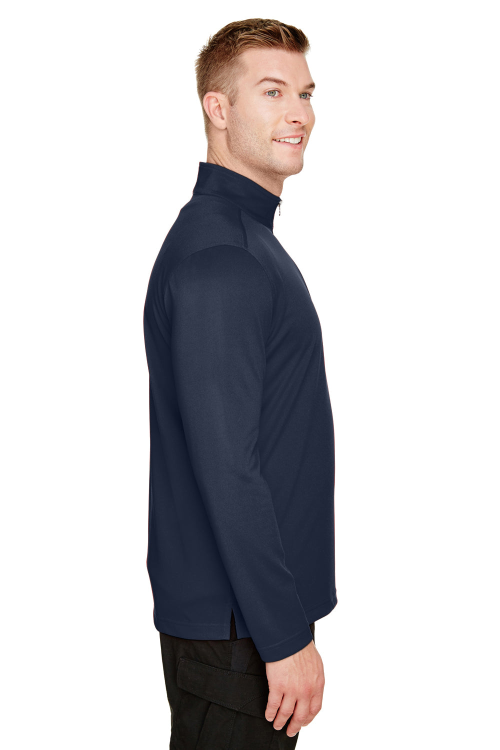 Harriton M748 Mens Advantage Performance Moisture Wicking 1/4 Zip Sweatshirt Dark Navy Blue Model Side