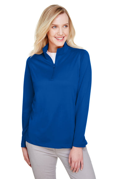 Harriton M748W Womens Advantage Performance Moisture Wicking 1/4 Zip Sweatshirt True Royal Blue Model Front