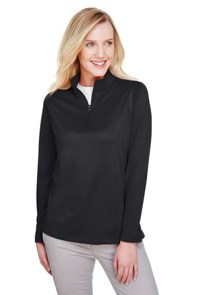 Harriton M748W Womens Advantage Performance Moisture Wicking 1/4 Zip Sweatshirt Black Model Front