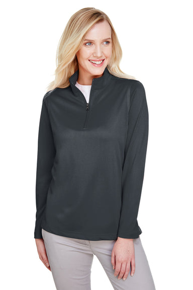 Harriton M748W Womens Advantage Performance Moisture Wicking 1/4 Zip Sweatshirt Dark Charcoal Grey Model Front