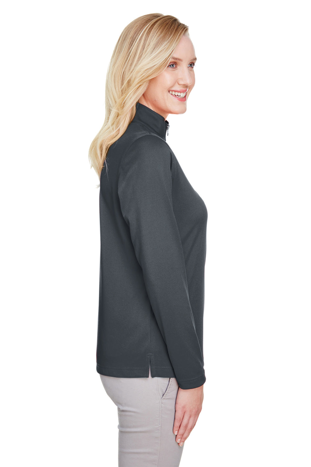 Harriton M748W Womens Advantage Performance Moisture Wicking 1/4 Zip Sweatshirt Dark Charcoal Grey Model Side