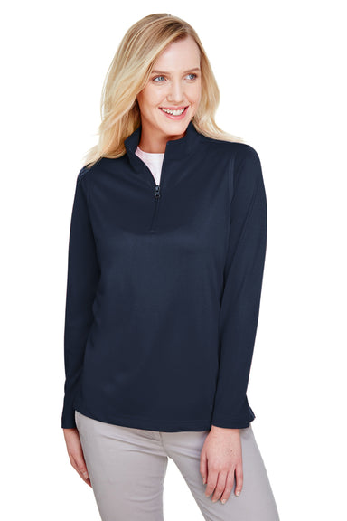 Harriton M748W Womens Advantage Performance Moisture Wicking 1/4 Zip Sweatshirt Dark Navy Blue Model Front