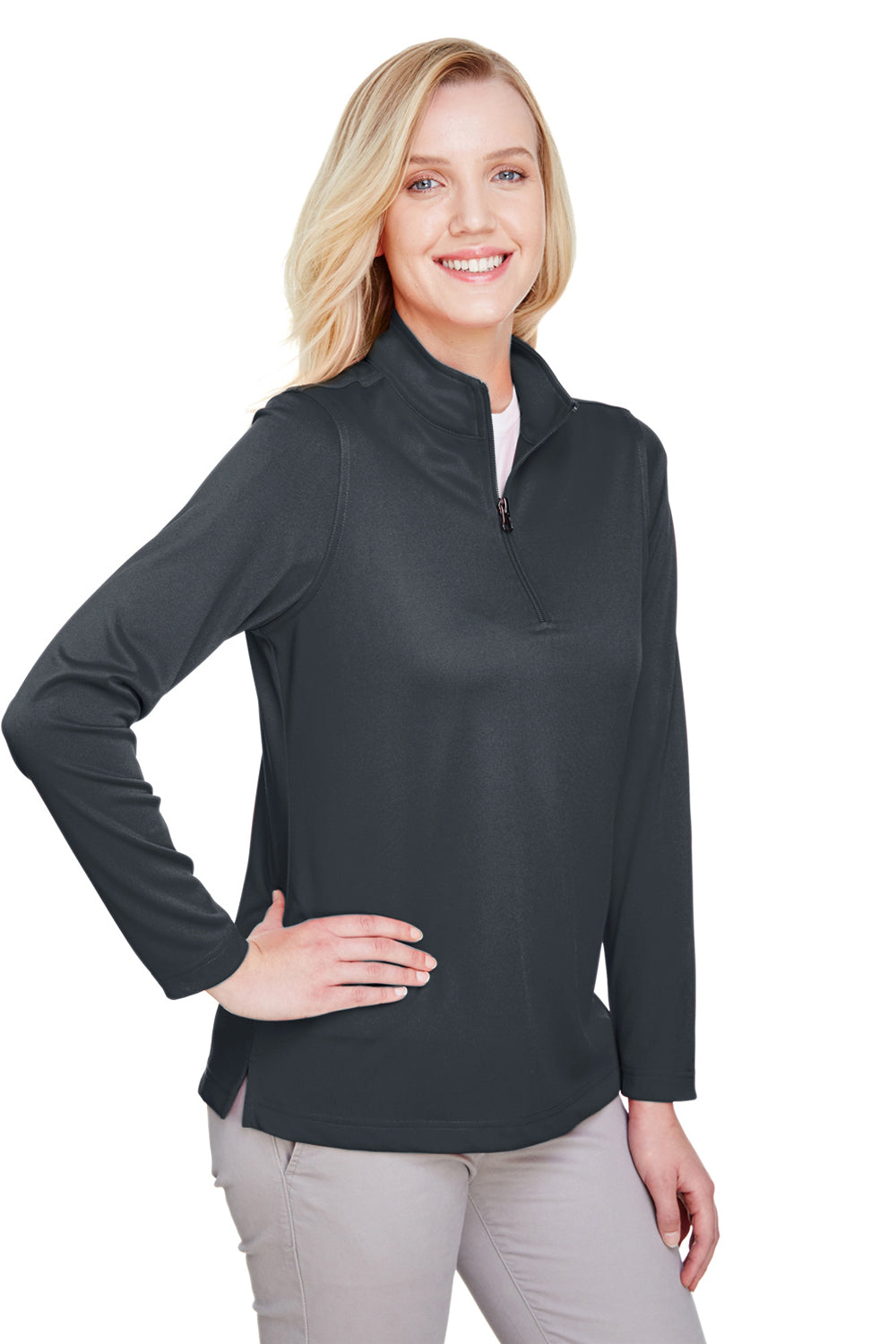 Harriton M748W Womens Advantage Performance Moisture Wicking 1/4 Zip Sweatshirt Dark Charcoal Grey Model 3q