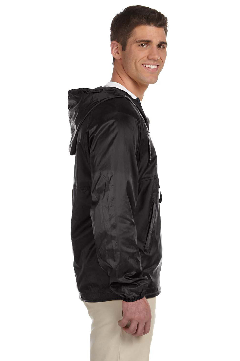 Harriton M750 Mens Packable Wind & Water Resistant 1/4 Zip Hooded Jacket Black Model Side