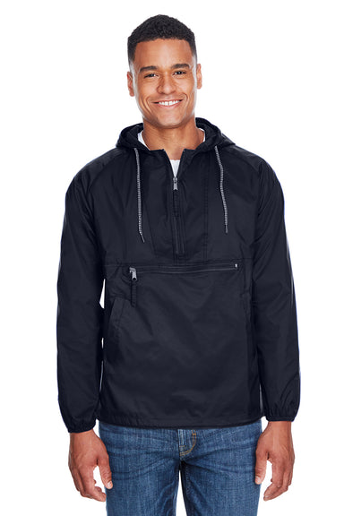 Harriton M750 Mens Packable Wind & Water Resistant 1/4 Zip Hooded Jacket Navy Blue Model Front