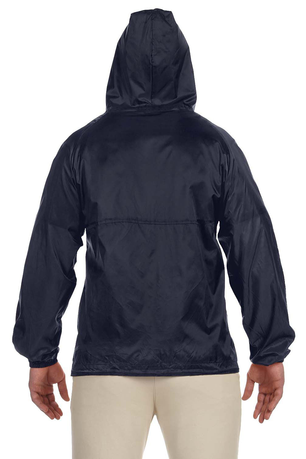 Harriton M750 Mens Packable Wind & Water Resistant 1/4 Zip Hooded Jacket Navy Blue Model Back