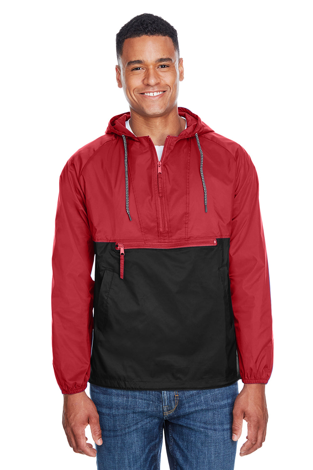 Harriton M750 Mens Packable Wind & Water Resistant 1/4 Zip Hooded Jacket Red/Black Model Front