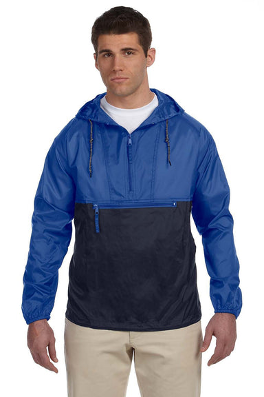 Harriton M750 Mens Packable Wind & Water Resistant 1/4 Zip Hooded Jacket Royal Blue/Navy Blue Model Front