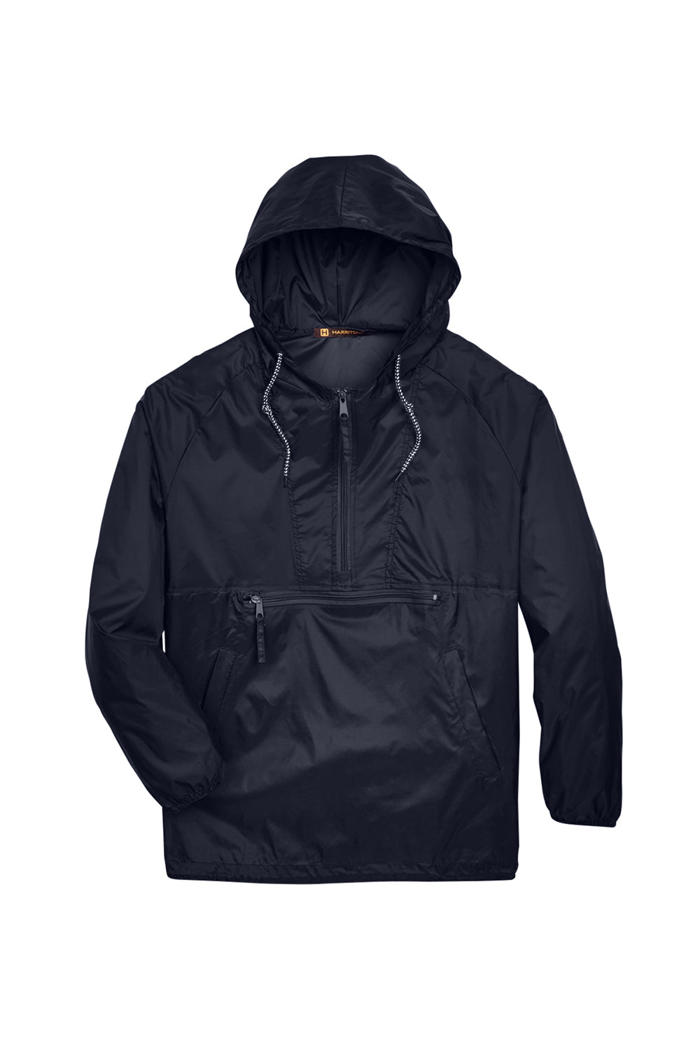 Harriton M750 Mens Packable Wind & Water Resistant 1/4 Zip Hooded Jacket Navy Blue Flat Front