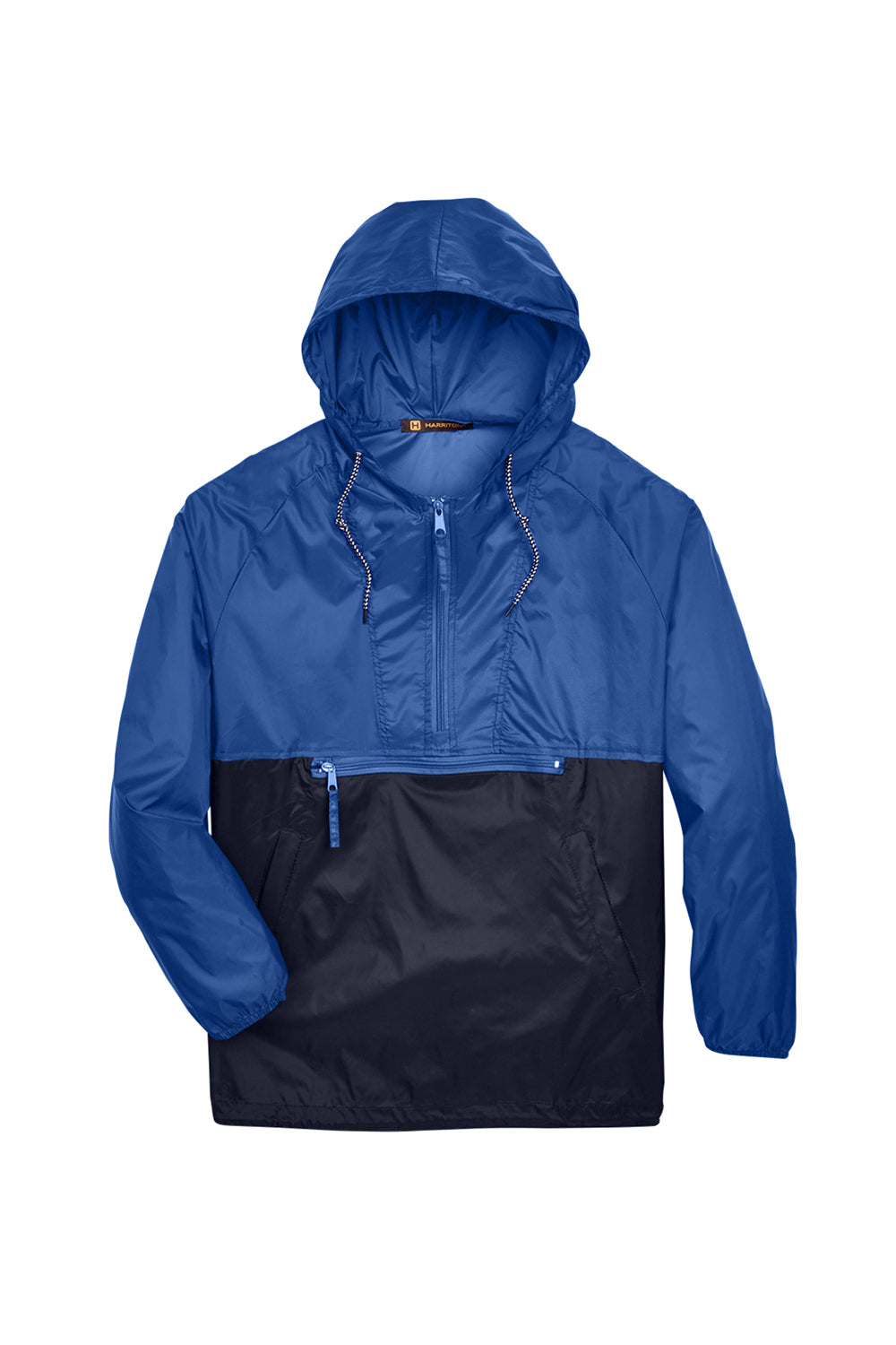 Harriton M750 Mens Packable Wind & Water Resistant 1/4 Zip Hooded Jacket Royal Blue/Navy Blue Flat Front