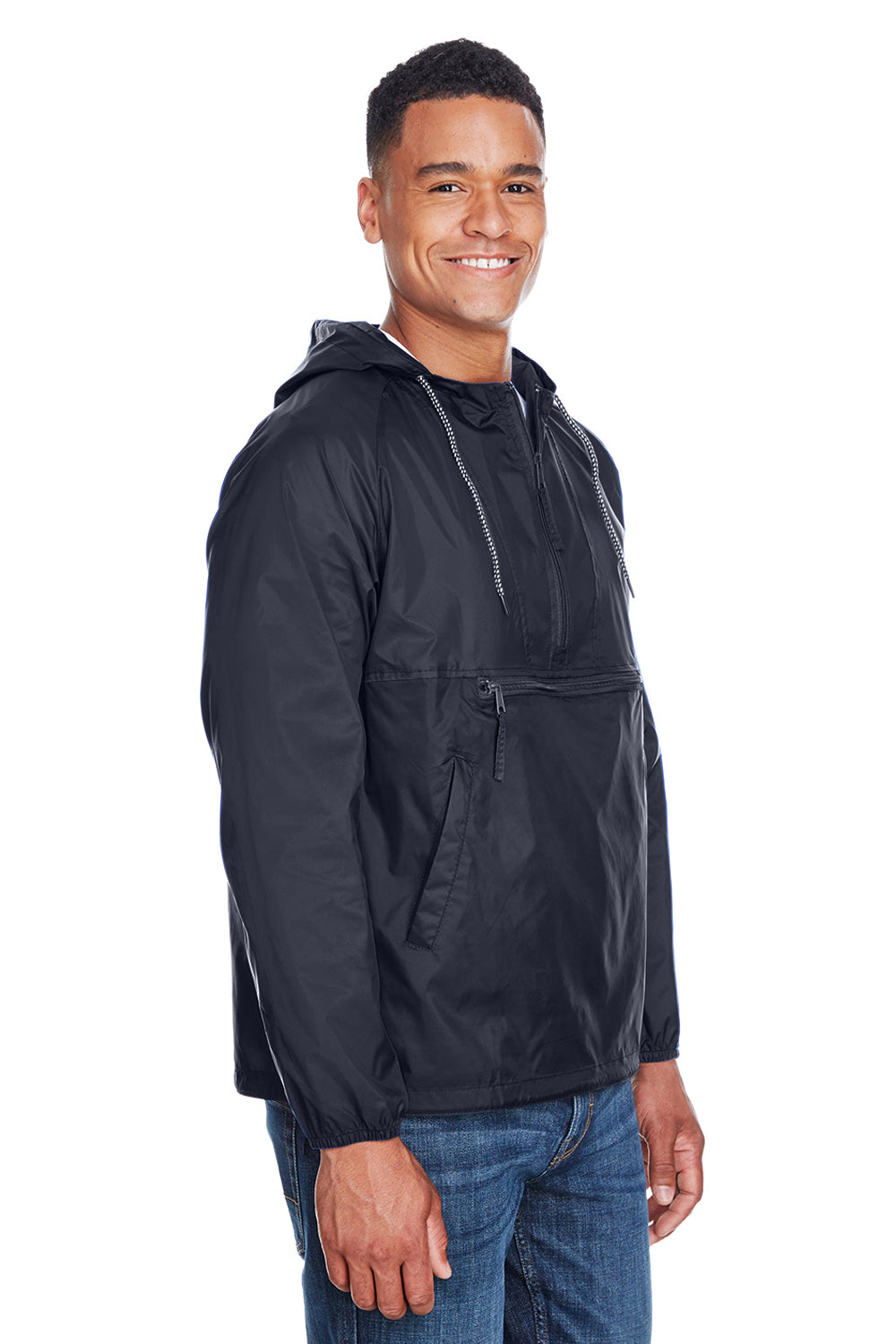 Harriton M750 Mens Packable Wind & Water Resistant 1/4 Zip Hooded Jacket Navy Blue Model 3q