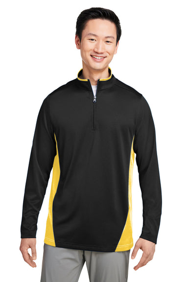 Harriton M786 Mens Flash Performance Moisture Wicking Colorblock 1/4 Zip Sweatshirt Black/Sunray Yellow Model Front