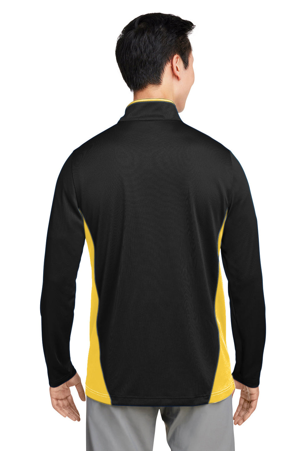 Harriton M786 Mens Flash Performance Moisture Wicking Colorblock 1/4 Zip Sweatshirt Black/Sunray Yellow Model Back