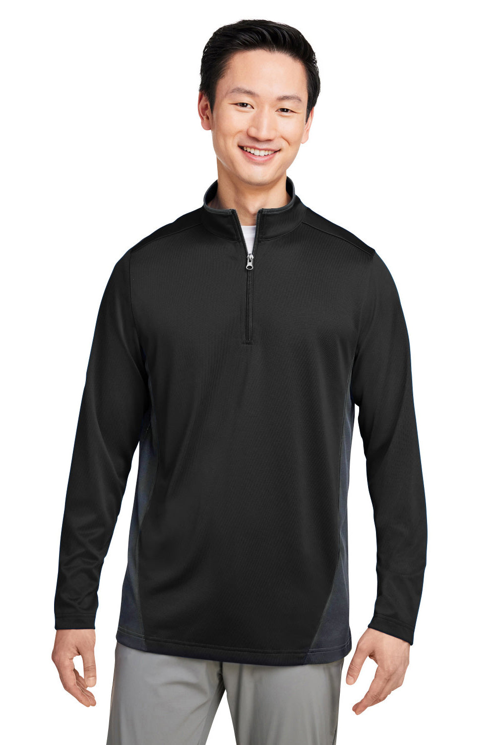 Harriton M786 Mens Flash Performance Moisture Wicking Colorblock 1/4 Zip Sweatshirt Black/Dark Charcoal Grey Model Front